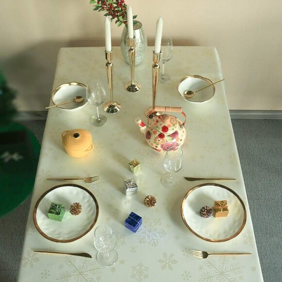 EUC LAVIN Gold Shimmer Snowflake Christmas Winter Tablecloth 104x60 - Picture 2 of 16